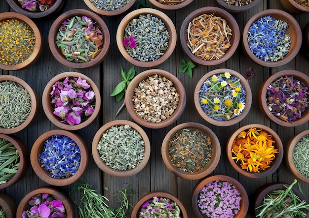 herbs in bowls on wooden background