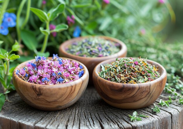 herbs in bowls on wooden background