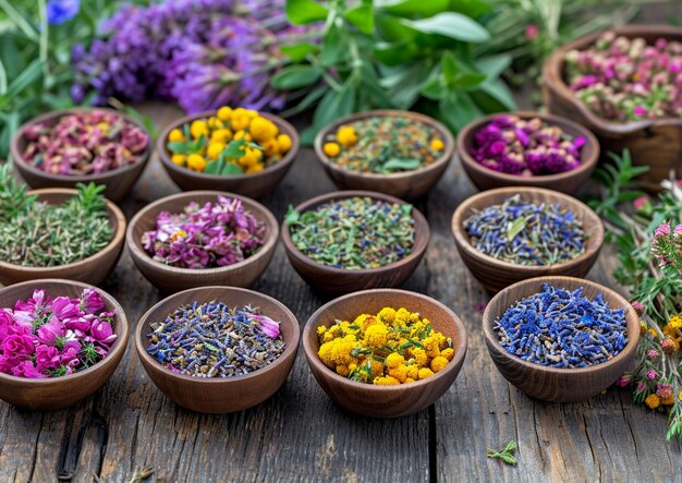 herbs in bowls on wooden background