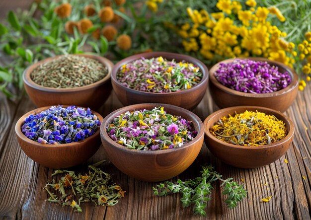 herbs in bowls on wooden background