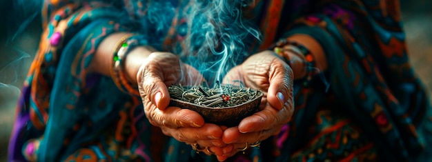 Photo herbs burn in the hands of a woman selective focus