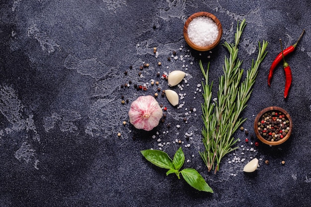 Herbs and condiments on black stone background