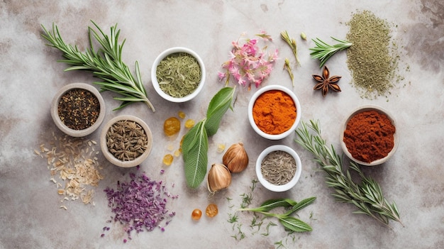 Herbs and condiments on light stone background