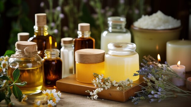 Herbs flowers and bottled beneficial ingredients for skincare