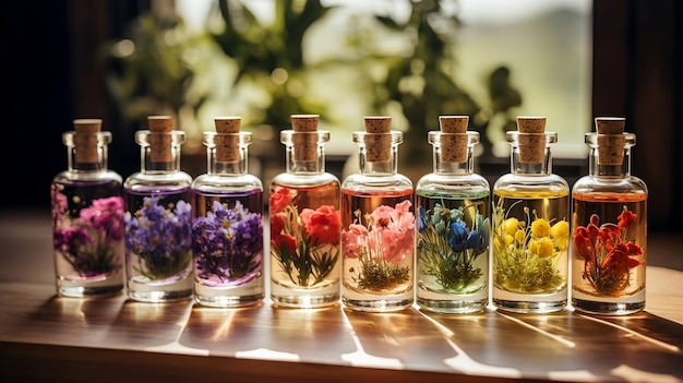 Herbs and flowers essential oils in glass bottles on wooden table closeup