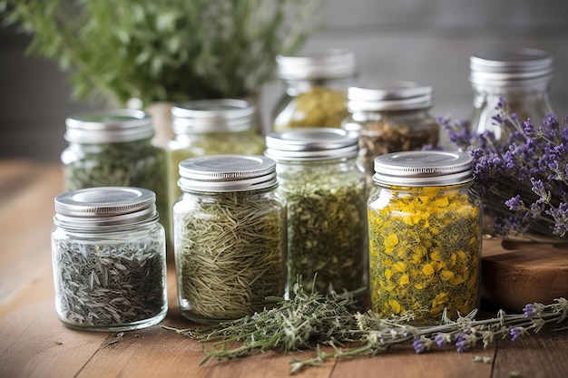 Herbs in jars on wooden table Generative Ai