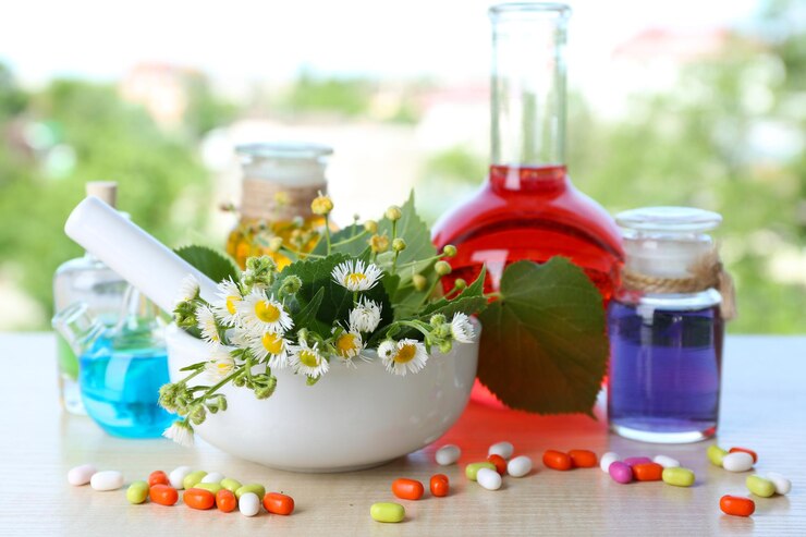 Photo herbs in mortar test tubes and pills on table on bright background