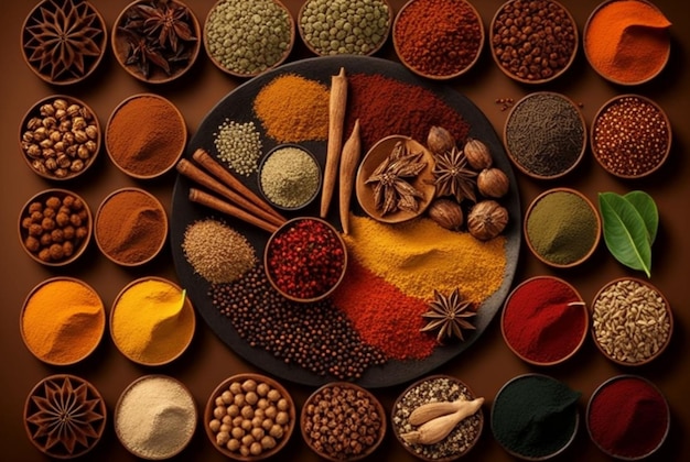 Herbs and spices are neatly arranged generative ai