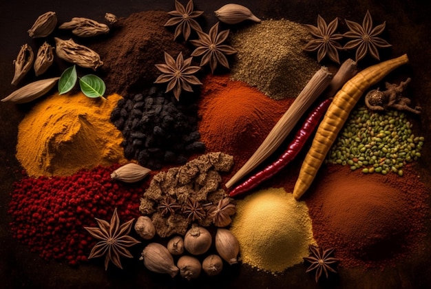 Herbs and spices are neatly arranged generative ai