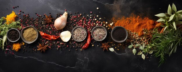 Photo herbs and spices on a black table generative ai