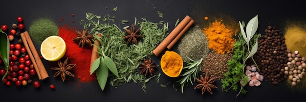 Herbs and spices for cooking on dark background