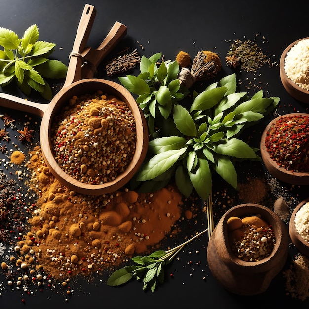 Herbs and spices for cooking on dark background