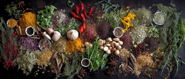 Photo herbs and spices for cooking with aesthetic arrangement top view