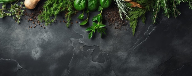 Photo herbs and spices on dark stone background generative ai