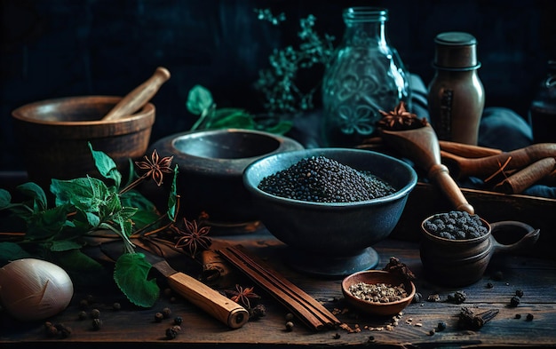 Herbs spices and equipment on rustic dark background