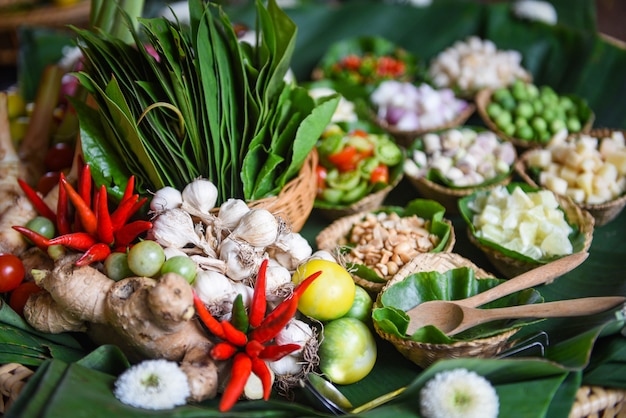 Herbs and spices ingredients spicy soup fresh vegetables for Tom Yu