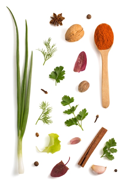 Herbs and spices isolated on white background