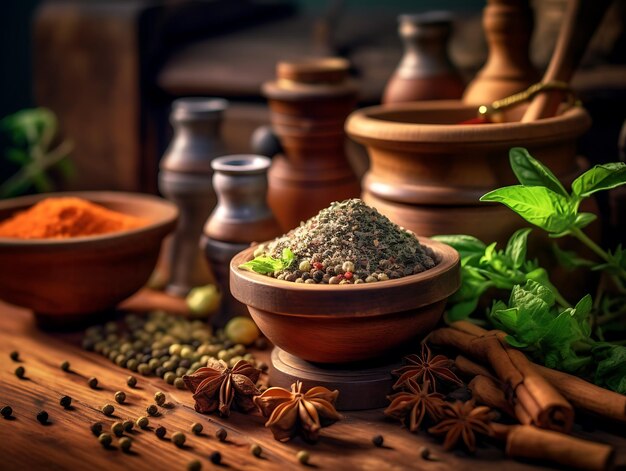 Herbs and spices in mortar on wooden boards