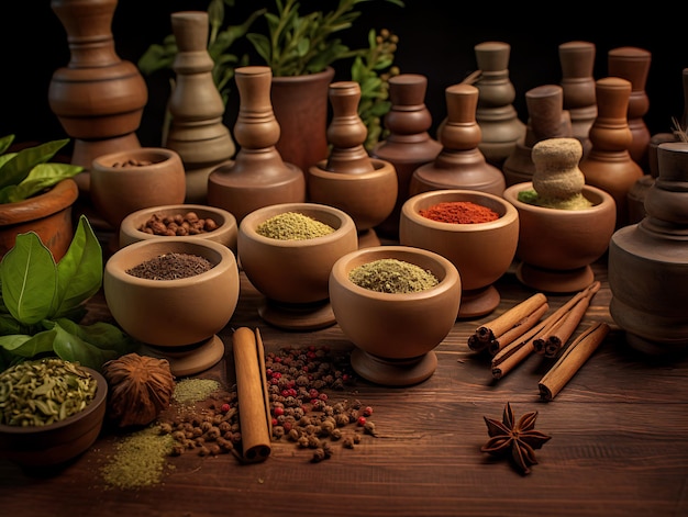 Herbs and spices in mortar on wooden boards