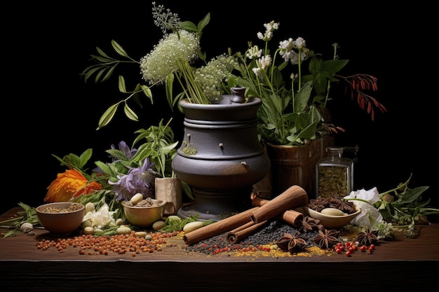 Herbs and spices scattered artistically around a mortar and pestle