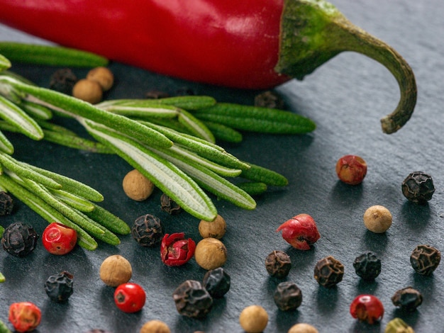 Herbs and spices over slate