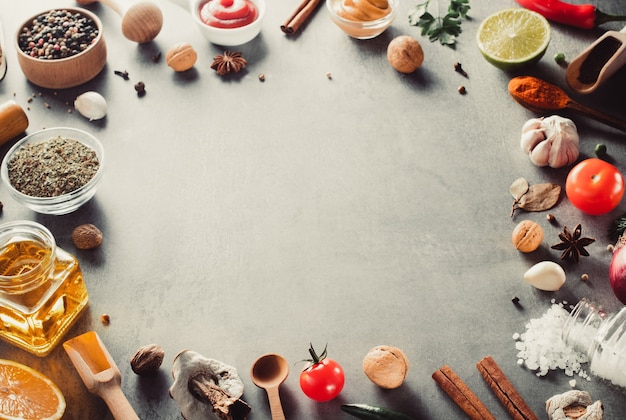 Herbs and spices at stone table