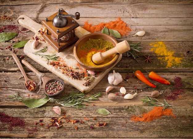 Herbs and spices on a wooden table