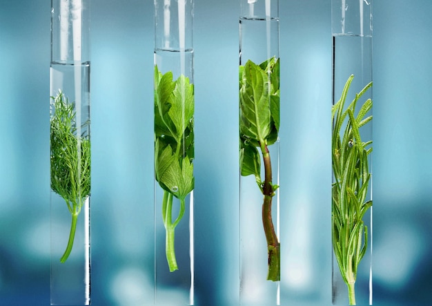 Herbs in test tubes on wooden table