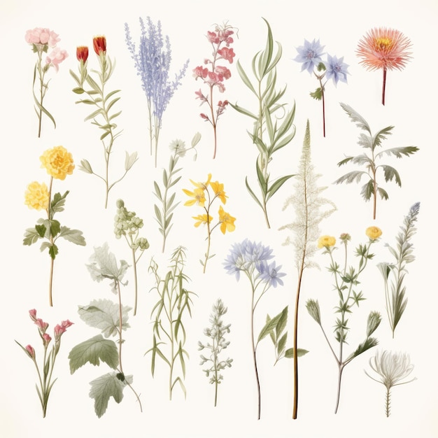 草と野生の花の植物学セット
