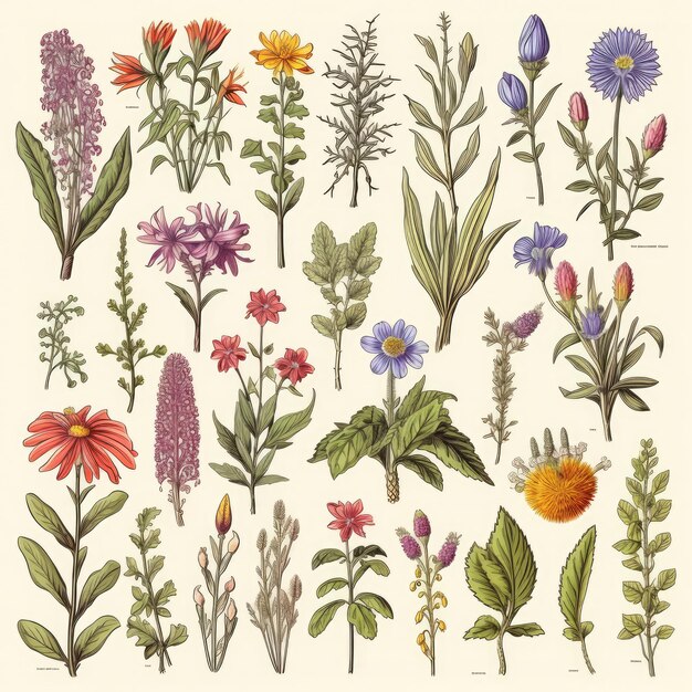 Photo herbs and wild flowers botany set