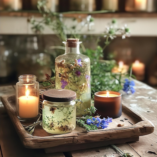 Foto erbe con fiori candele e oli essenziali