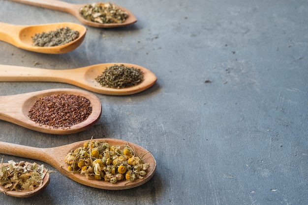 Herbs with wooden spoon in gray slate background