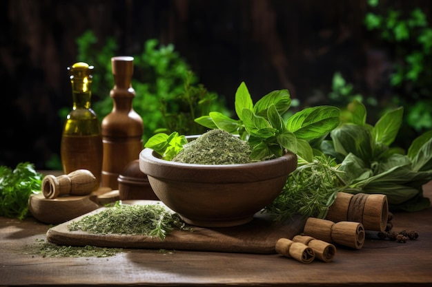 Herbs on wood table using mortar