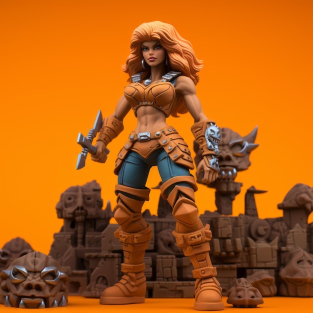 Женская фигура Геркулеса в стиле Toycore с ярким оранжевым фоном