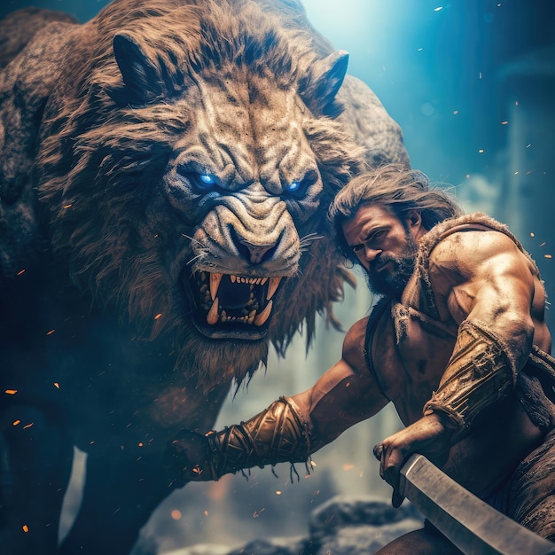 Photo hercules and the nemean lion