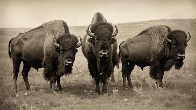 A herd of bison are standing in a field.