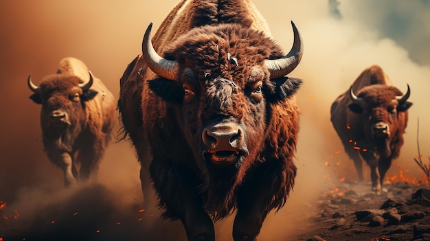 A herd of bison run across a field