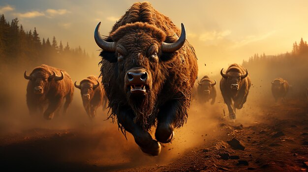 Photo a herd of bison run across a field