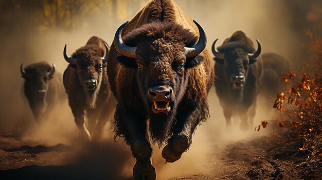 A herd of bison run across a field