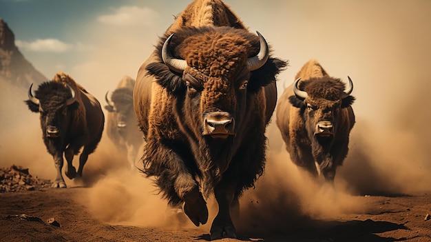 Photo a herd of bison run across a field