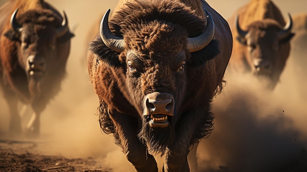 Photo a herd of bison run across a field