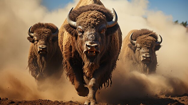 Photo a herd of bison run across a field