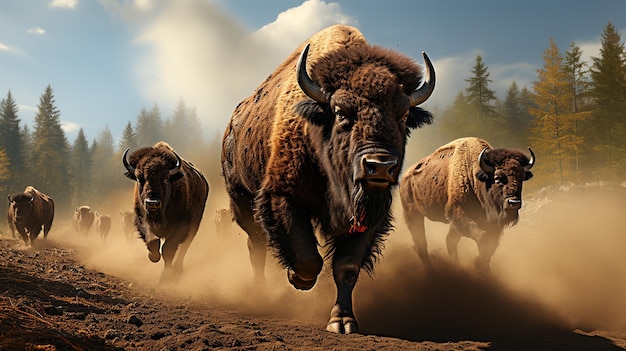 Photo a herd of bison run across a field