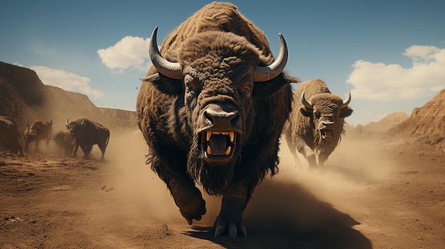 Photo a herd of bison run across a field