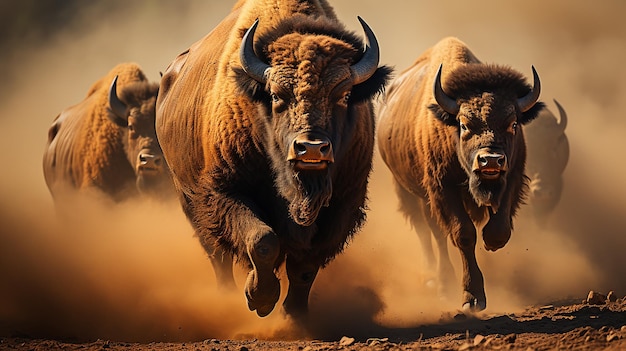 A herd of bison run across a field