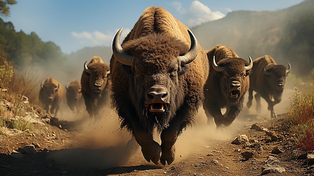 A herd of bison run across a field