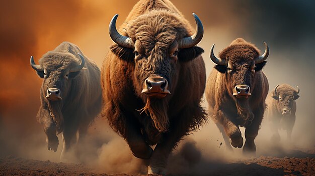 Photo a herd of bison run across a field