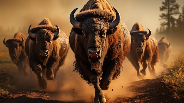 Photo a herd of bison run across a field