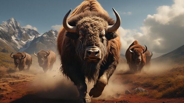 Photo a herd of bison run across a field