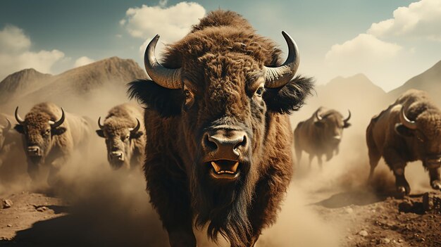 A herd of bison run across a field